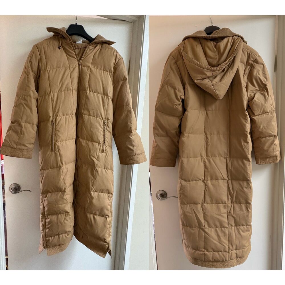 Vintage 90s Komitor Down Filled Long Puffer Jacket Tan Camel Winter Gorp Coat L - Picture 2 of 12